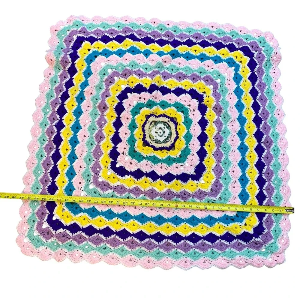 Handmade Crochet Granny Square Blanket Multi‎ Color Baby Girl Throw Retro 39x37